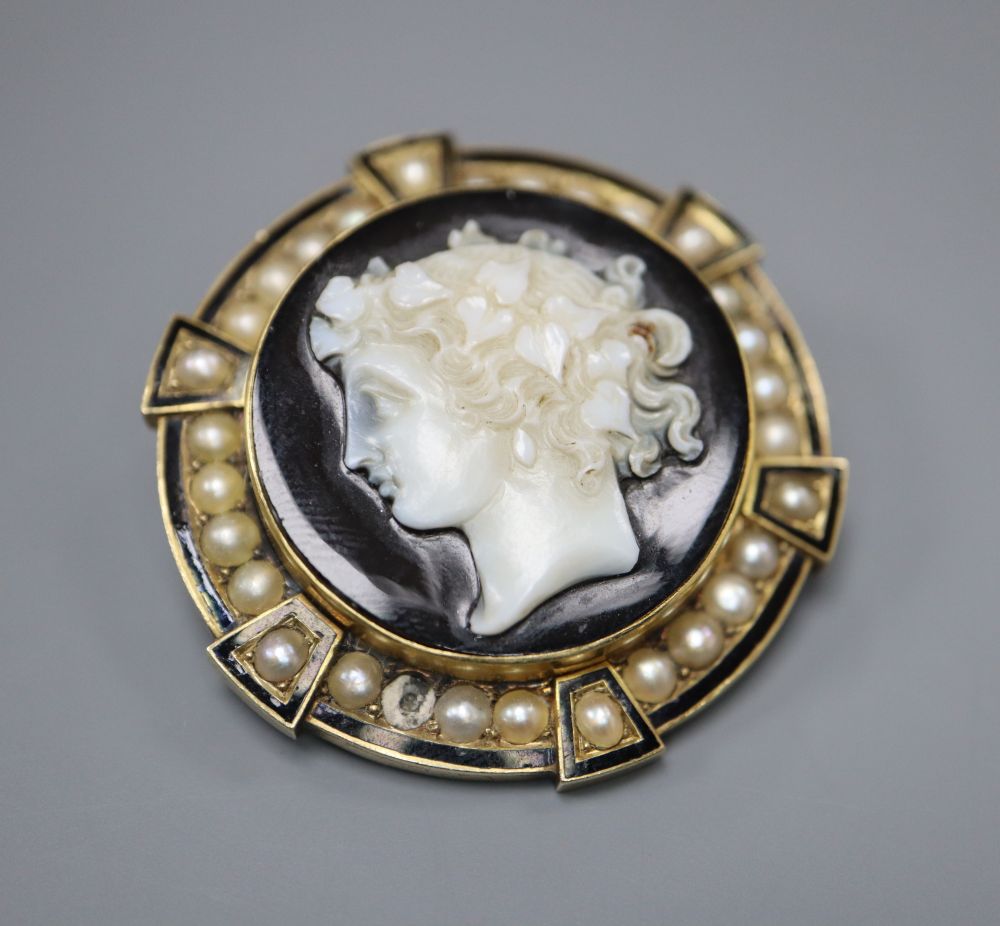 A 19th century gold (tests as 14ct), enamel and pearl target pendant brooch,